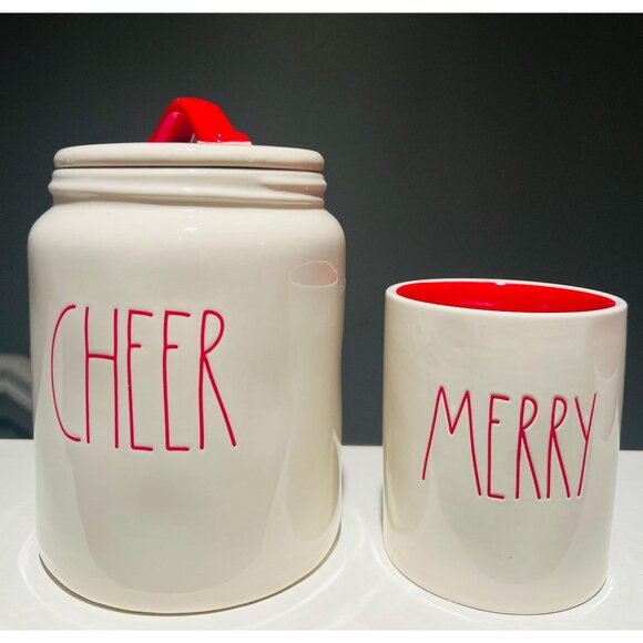 Rae Dunn Christmas Canisters –“CHEER” & “MERRY” Red Holiday Kitchen Decor Bundle - Picture 2 of 9